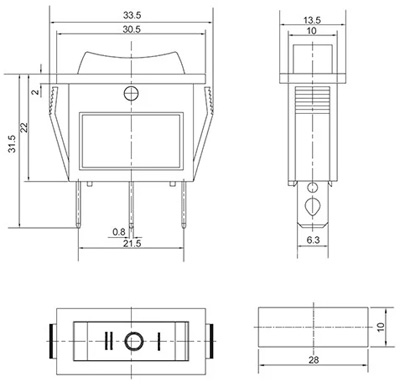 Рис.1. Схема габаритных размеров перекидного переключателя KCD3-103